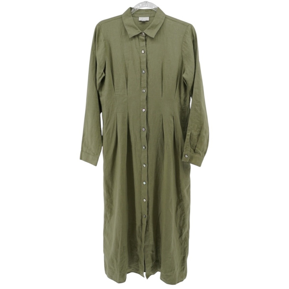 J.Jill Love Linen Olive Button Pleated Midi Long sleeve Dress Cottagecore Small